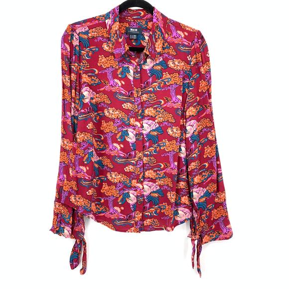 Anthropologie Darla Button Down Shirt Womens Sz 10 Red Bonsai Peacock Print - Picture 1 of 7